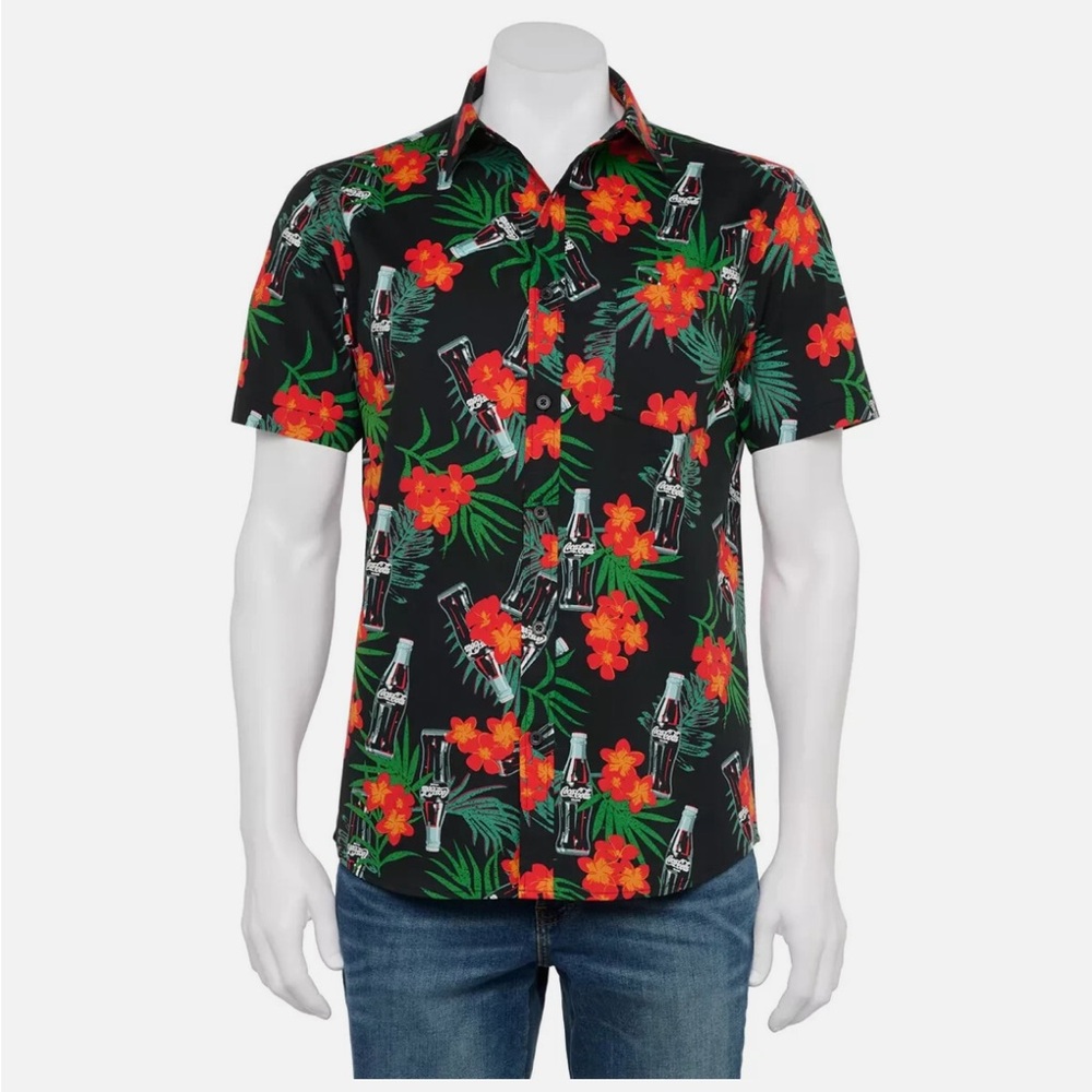 Coca Cola Black & Red Floral, Monstera Leaf Men's‎ Rayon Shirt, Large